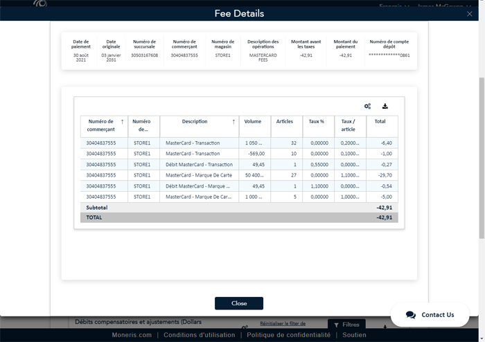 The Fee Details screen displays details about the fees incurred while conducting business. 